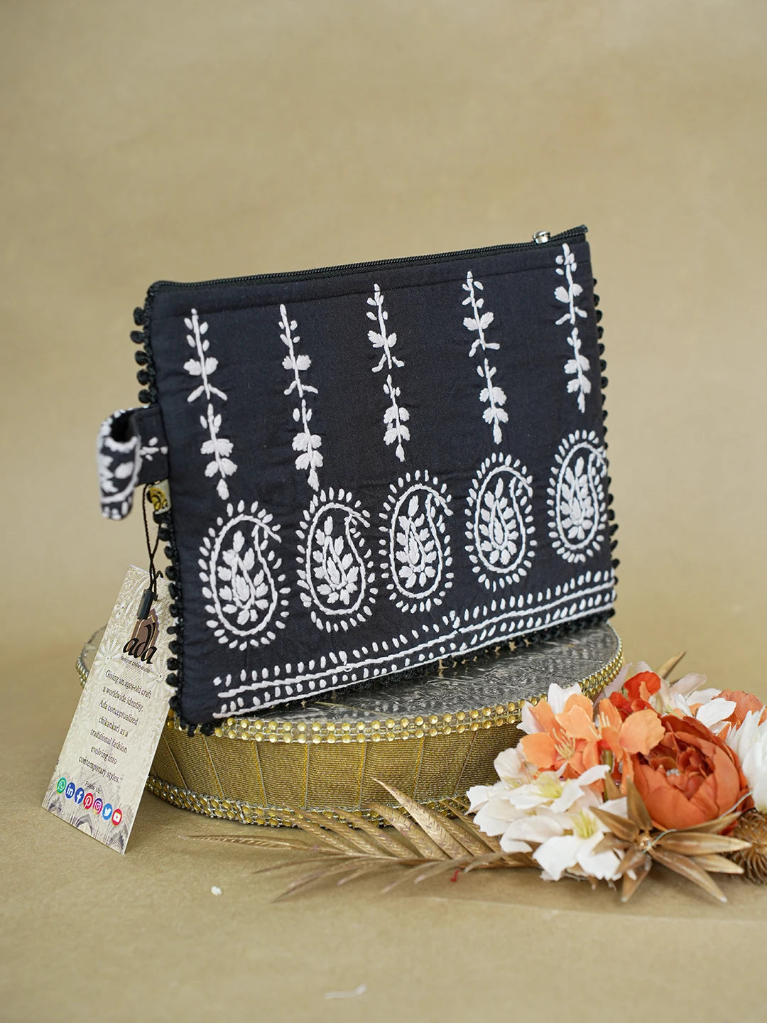 Ada Hand Embroidered Black Cotton Lucknowi Chikankari Pouch 01A616498