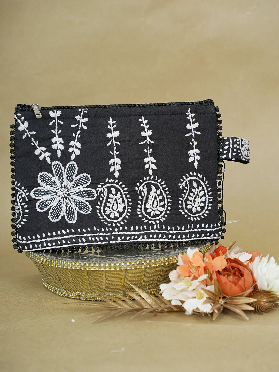 Ada Hand Embroidered Black Cotton Lucknowi Chikankari Pouch 01A616498
