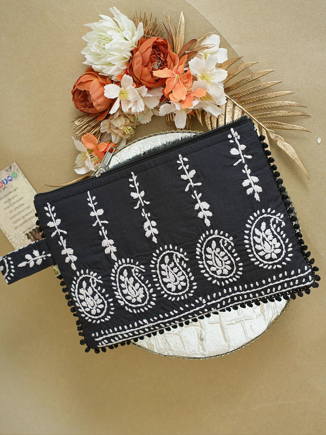 Ada Hand Embroidered Black Cotton Lucknowi Chikankari Pouch 01A616498