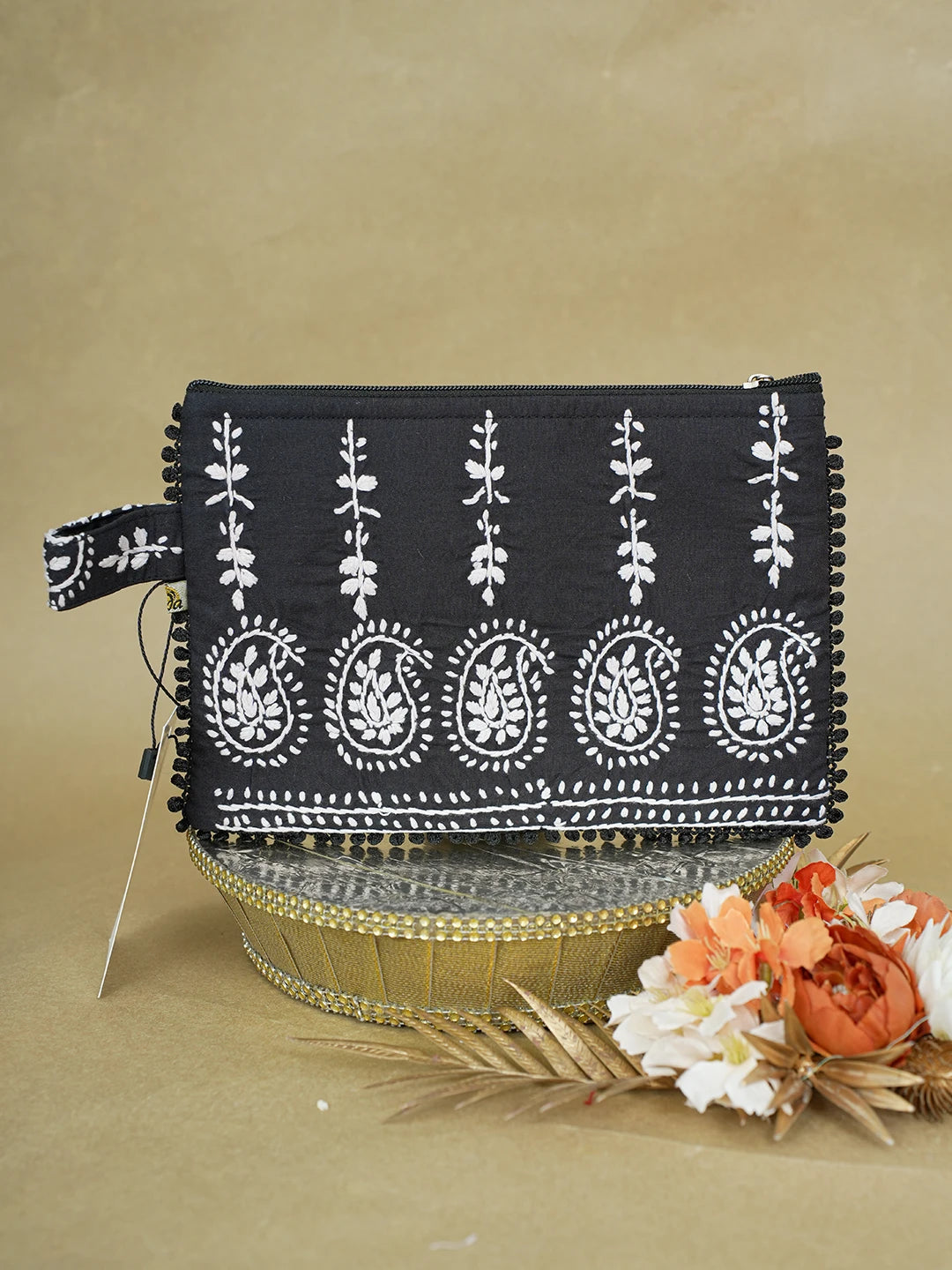 Ada Hand Embroidered Black Cotton Lucknowi Chikankari Pouch 01A616498
