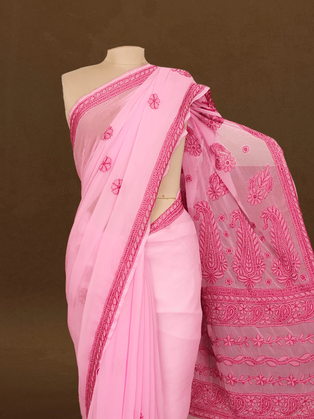 Ada Hand Embroidered Bright Pink Georgette Lucknowi Chikankari Saree With Blouse 01A387968