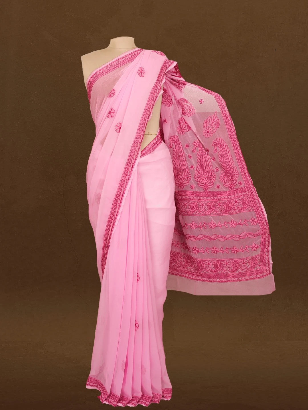 Ada Hand Embroidered Bright Pink Georgette Lucknowi Chikankari Saree With Blouse 01A387968