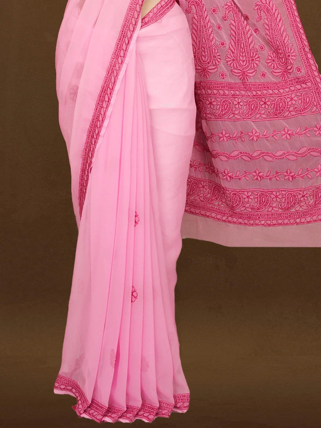 Ada Hand Embroidered Bright Pink Georgette Lucknowi Chikankari Saree With Blouse 01A387968