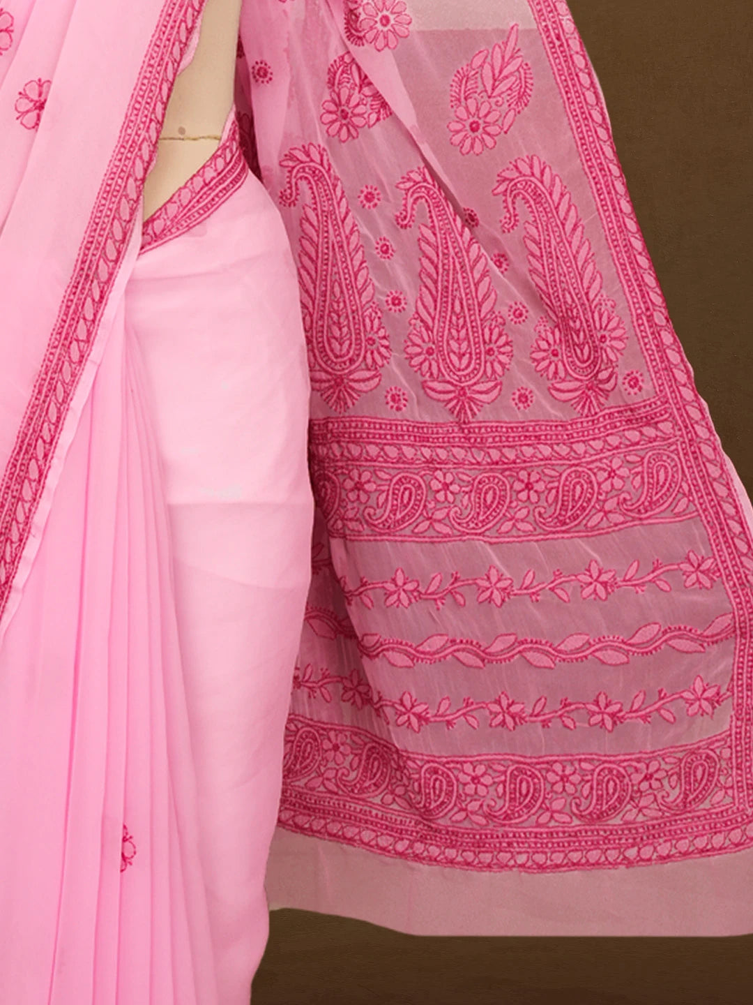 Ada Hand Embroidered Bright Pink Georgette Lucknowi Chikankari Saree With Blouse 01A387968