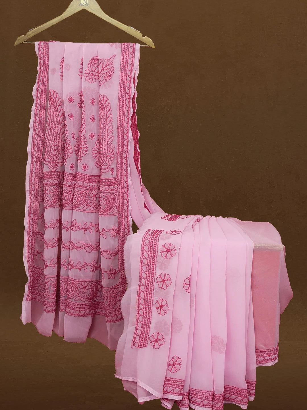 Ada Hand Embroidered Bright Pink Georgette Lucknowi Chikankari Saree With Blouse 01A387968