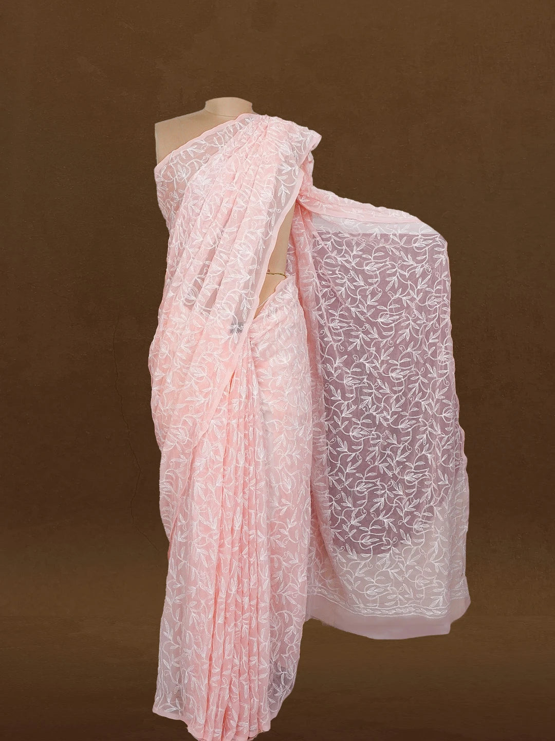 Ada Hand Embroidered Peach Georgette Lucknowi Chikankari Saree and Blouse 01A576607