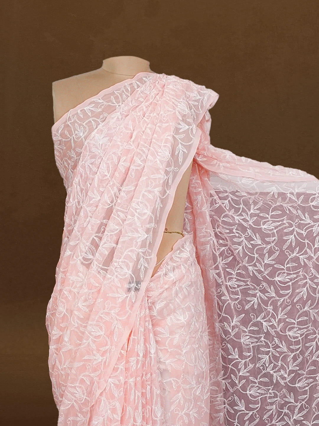 Ada Hand Embroidered Peach Georgette Lucknowi Chikankari Saree and Blouse 01A576607