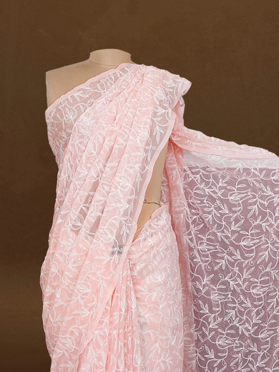 Ada Hand Embroidered Peach Georgette Lucknowi Chikankari Saree and Blouse 01A576607