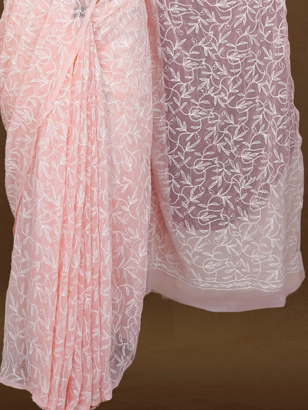 Ada Hand Embroidered Peach Georgette Lucknowi Chikankari Saree and Blouse 01A576607