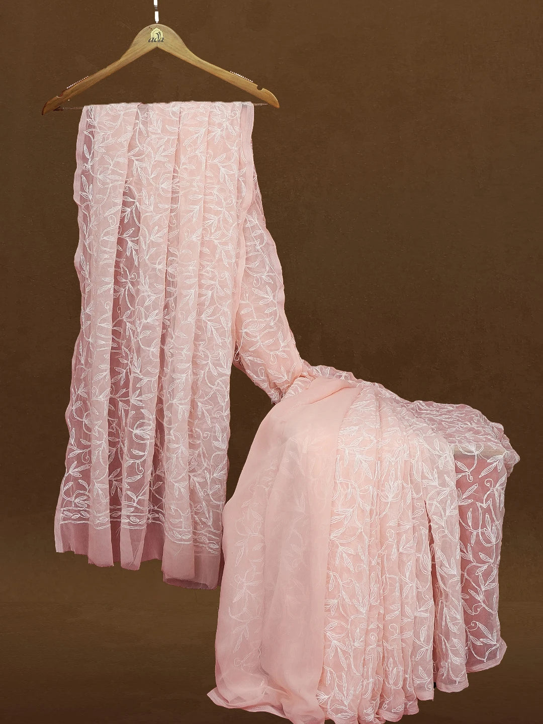 Ada Hand Embroidered Peach Georgette Lucknowi Chikankari Saree and Blouse 01A576607