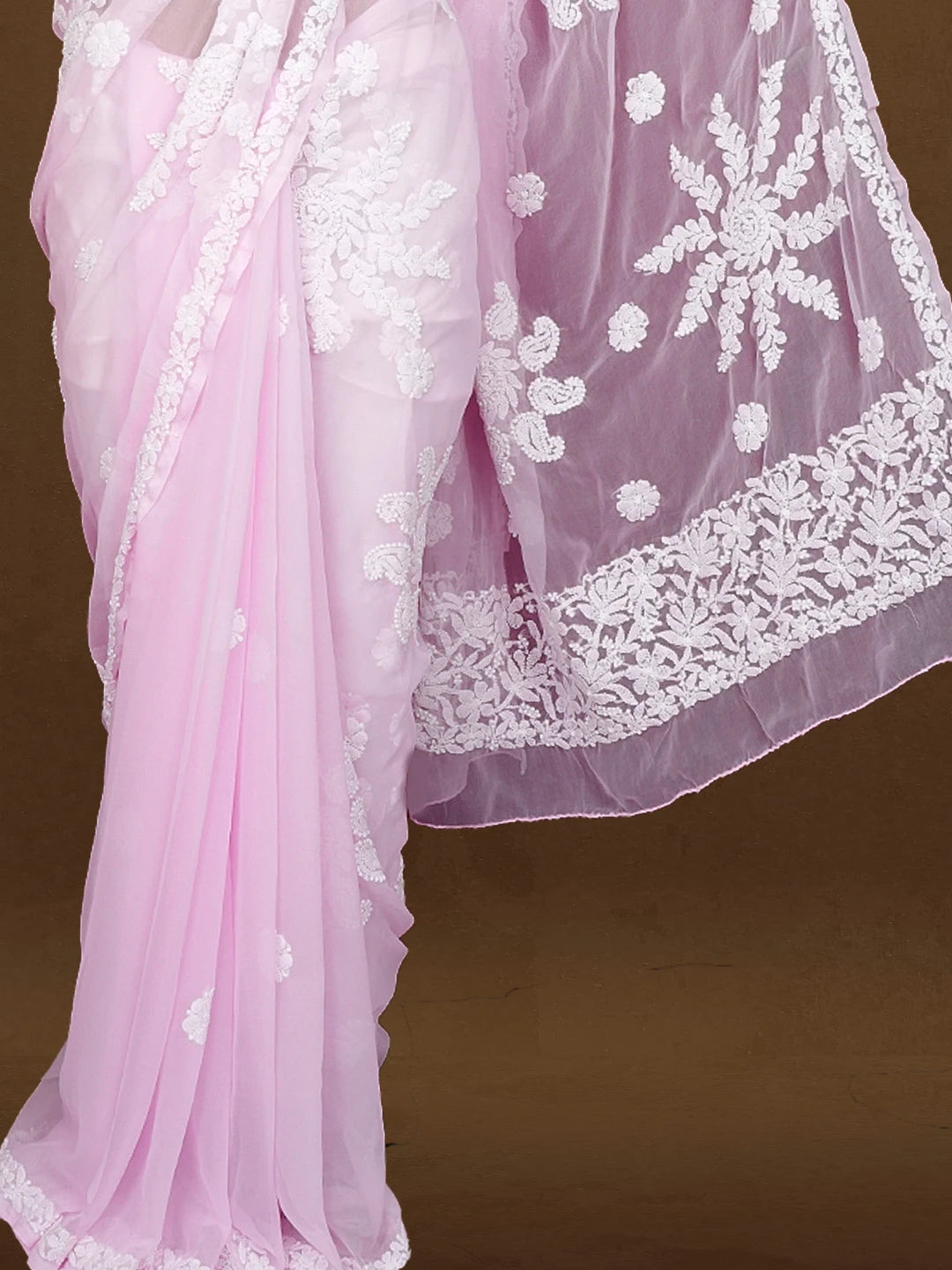 Ada Hand Embroidered Pink Georgette Lucknowi Chikankari Saree With Blouse 01A596373