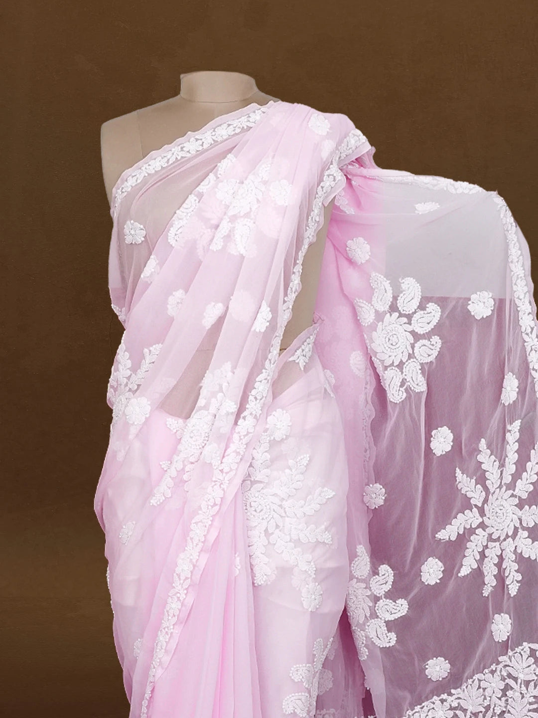 Ada Hand Embroidered Pink Georgette Lucknowi Chikankari Saree With Blouse 01A596373