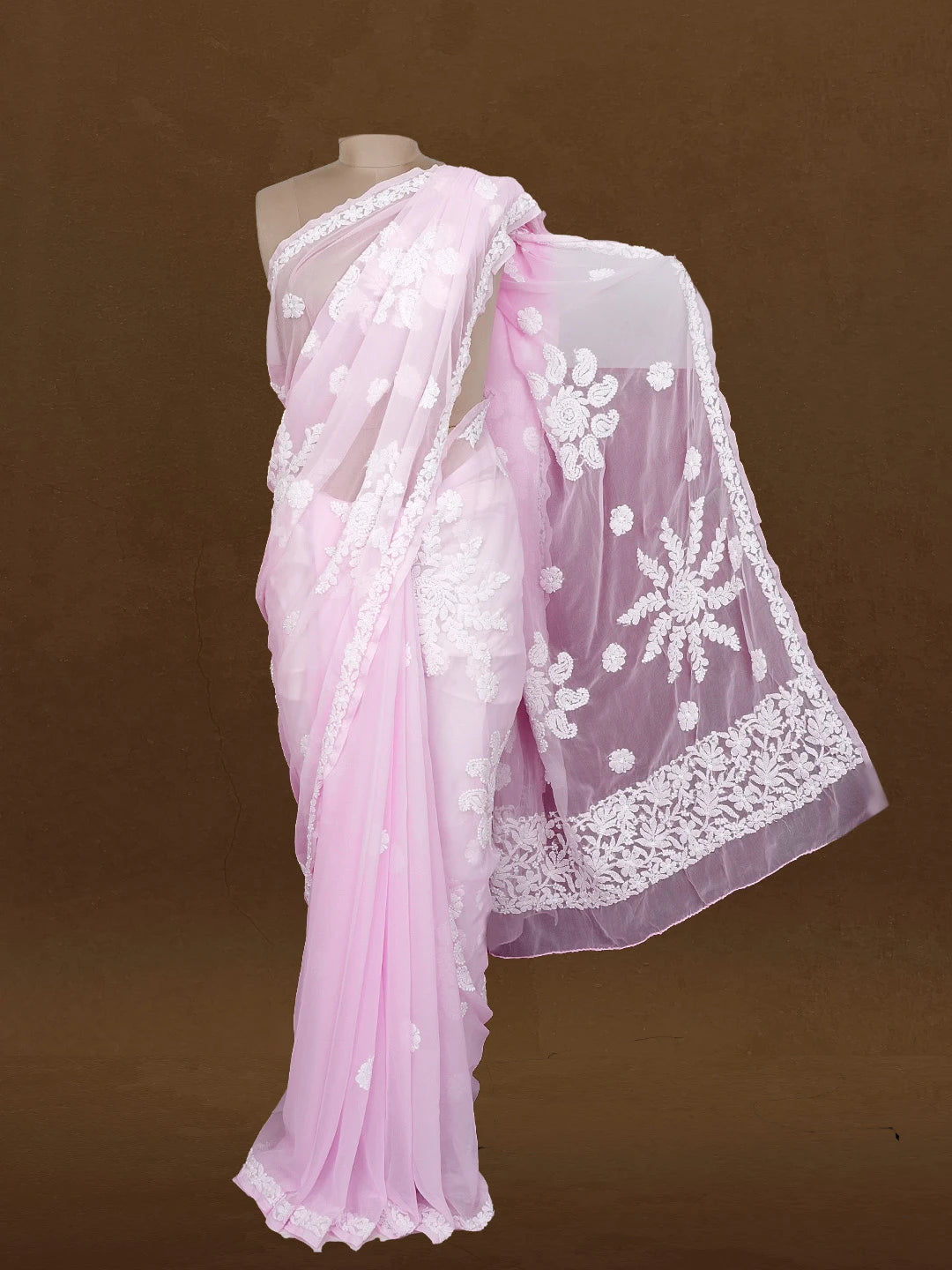 Ada Hand Embroidered Pink Georgette Lucknowi Chikankari Saree With Blouse 01A596373