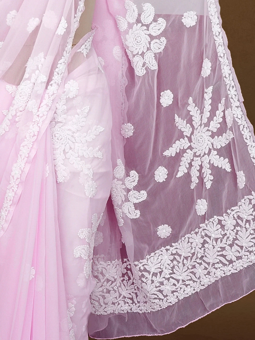 Ada Hand Embroidered Pink Georgette Lucknowi Chikankari Saree With Blouse 01A596373