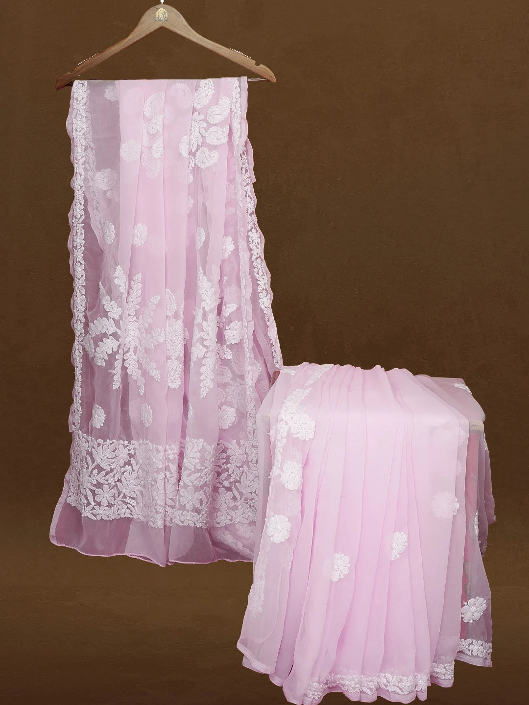 Ada Hand Embroidered Pink Georgette Lucknowi Chikankari Saree With Blouse 01A596373