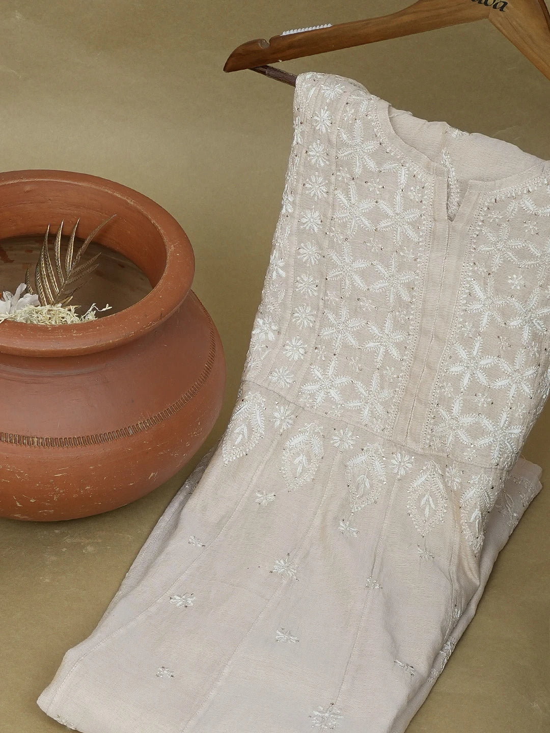 Ada Hand Embroidered Fawn Tissue Lucknowi Chikankari Semi-Stitched Kurta Piece With Muqaish Work 01A397687