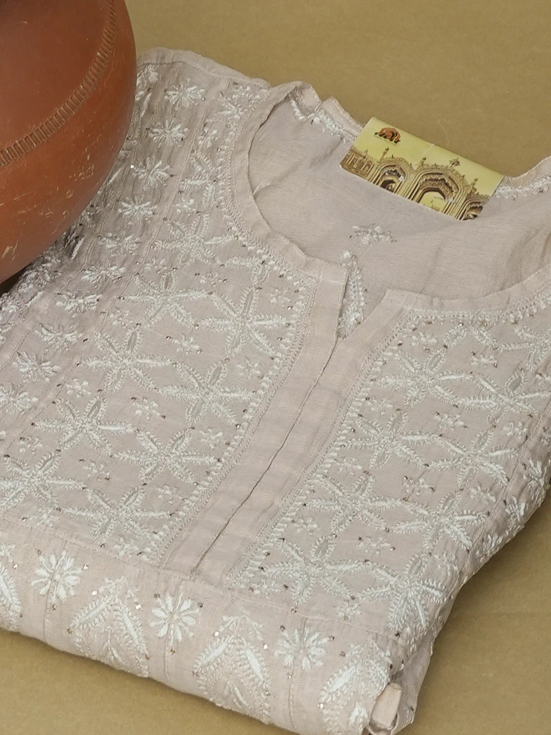 Ada Hand Embroidered Fawn Tissue Lucknowi Chikankari Semi-Stitched Kurta Piece With Muqaish Work 01A397687