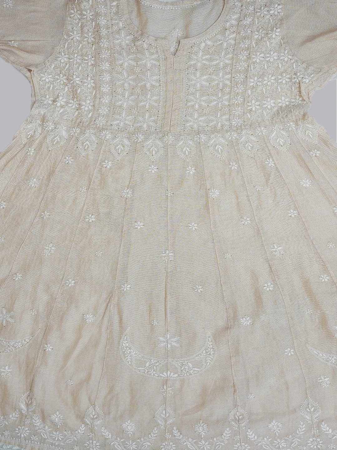 Ada Hand Embroidered Fawn Tissue Lucknowi Chikankari Semi-Stitched Kurta Piece With Muqaish Work 01A397687