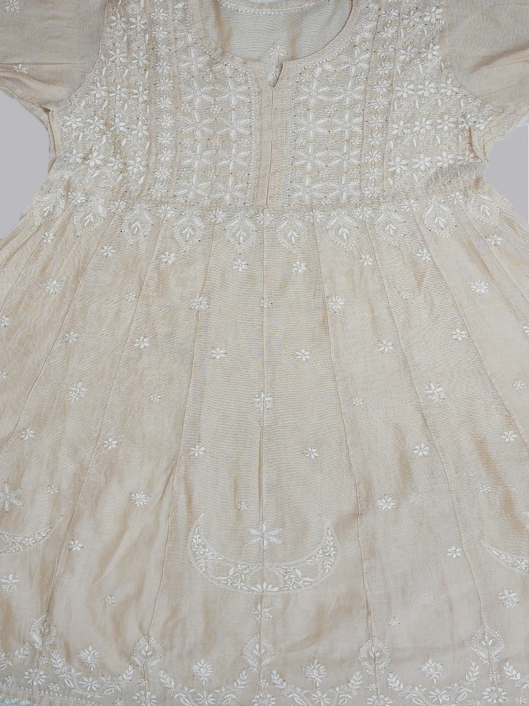 Ada Hand Embroidered Fawn Tissue Lucknowi Chikankari Semi-Stitched Kurta Piece With Muqaish Work 01A397687