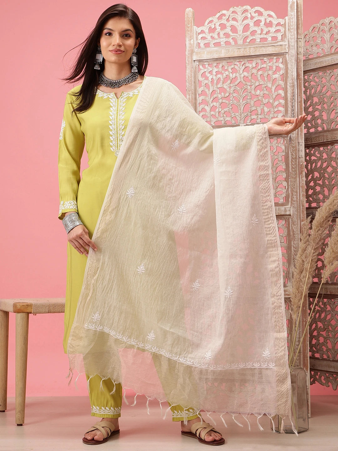 Ada Hand Embroidered White Chanderi Lucknowi Chikankari Dupatta A511219