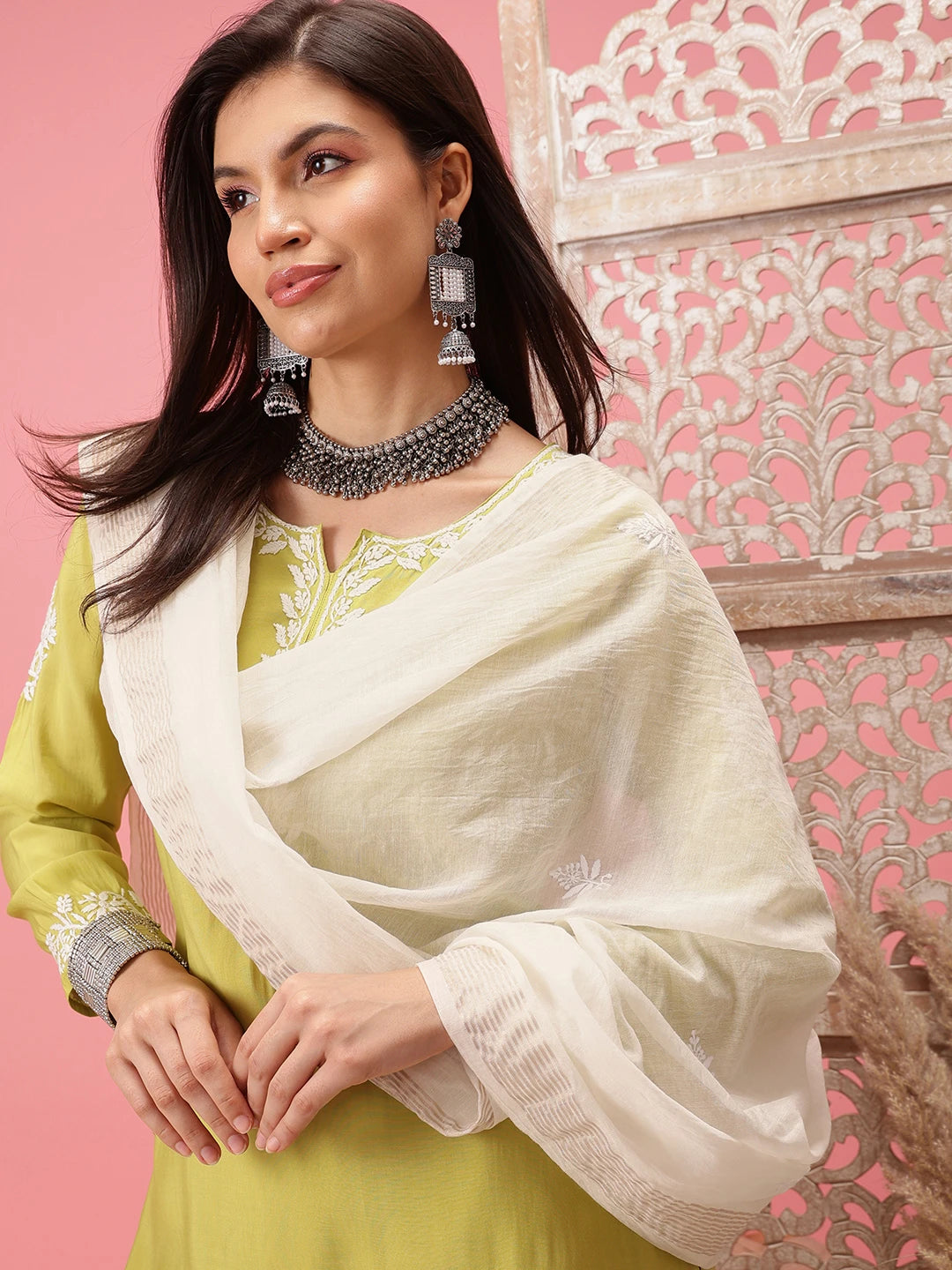Ada Hand Embroidered White Chanderi Lucknowi Chikankari Dupatta A511219