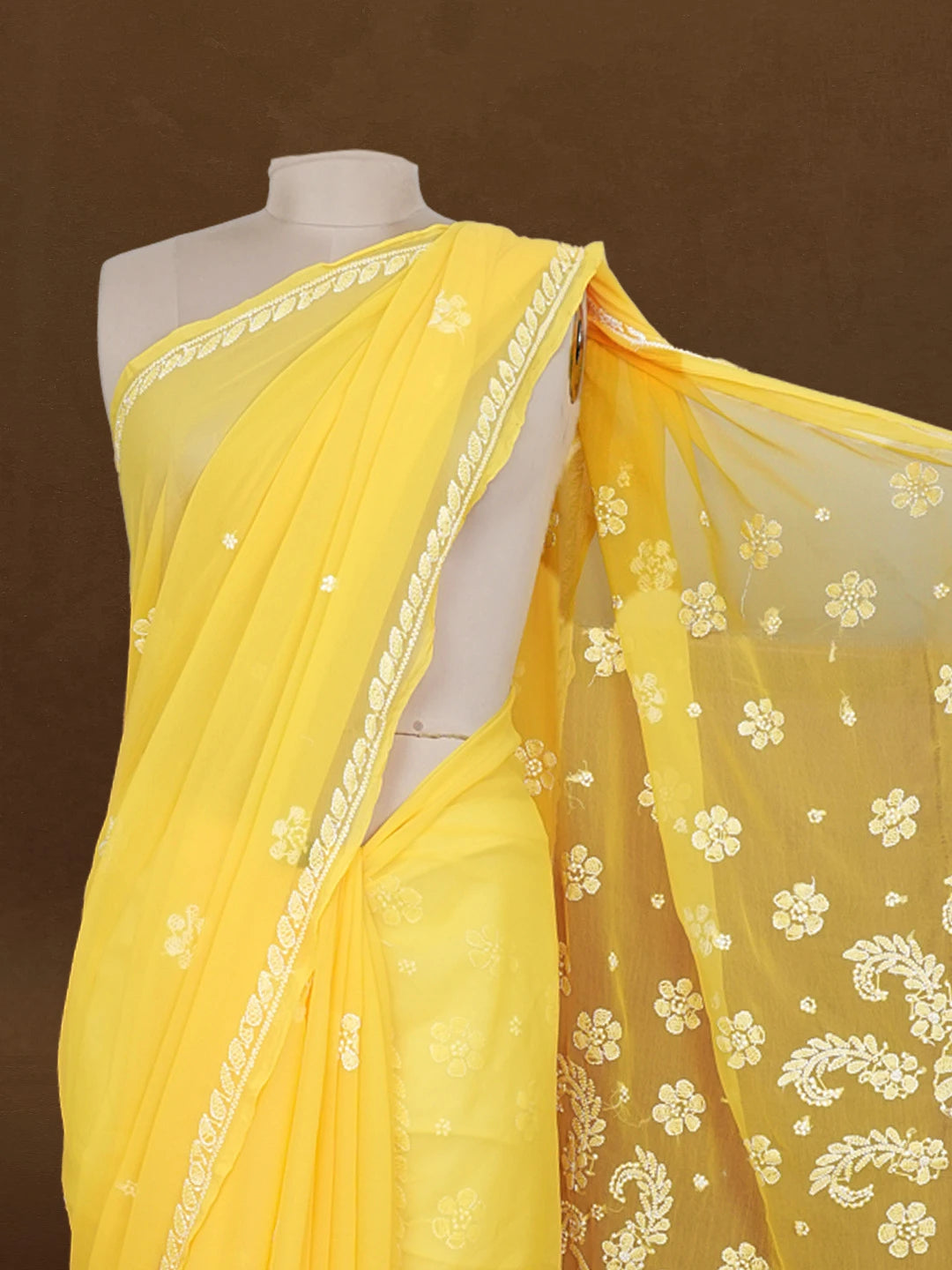 Ada Hand Embroidered Yellow Georgette Lucknowi Chikankari Saree With Blouse 01A489537