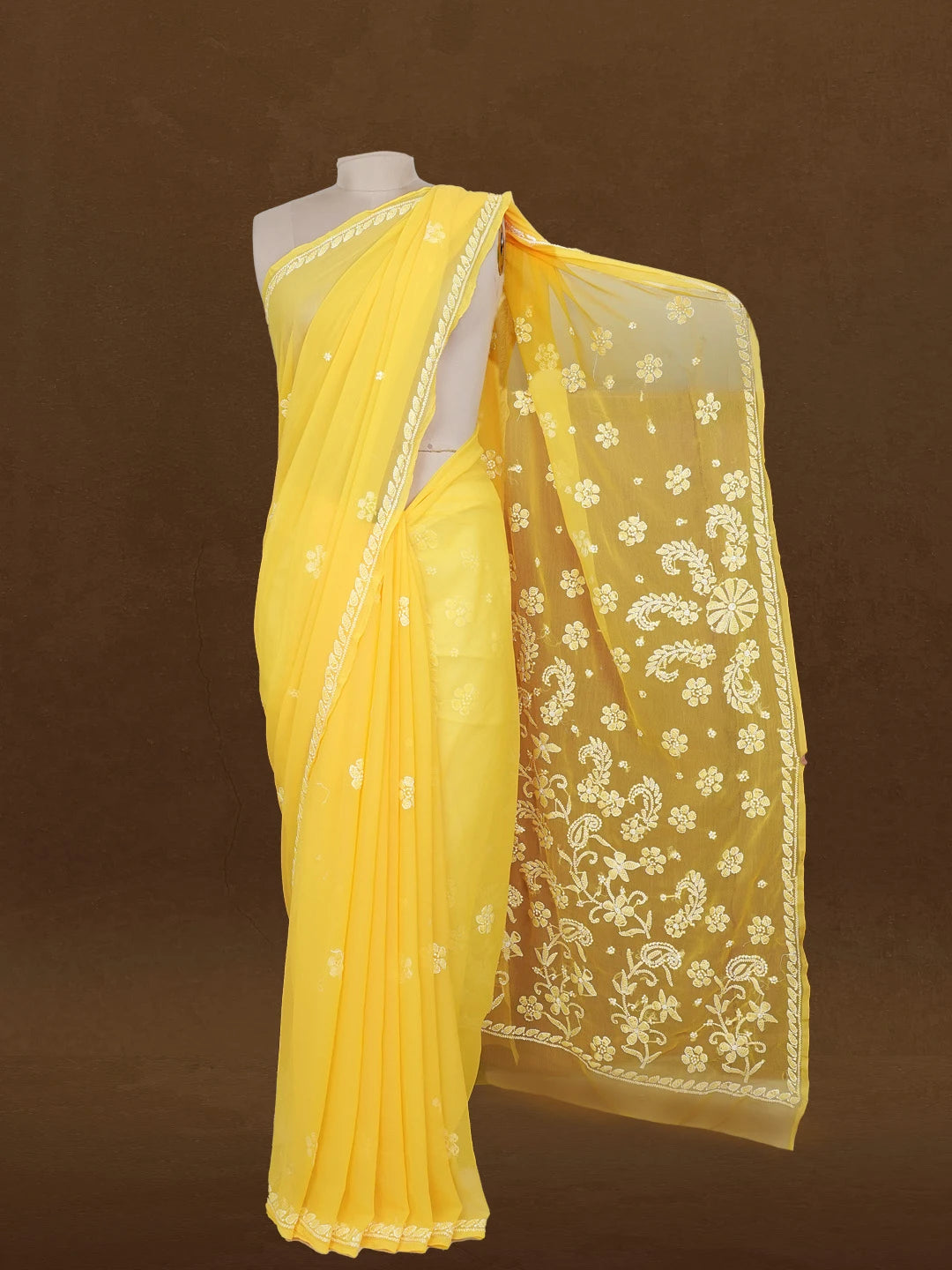 Ada Hand Embroidered Yellow Georgette Lucknowi Chikankari Saree With Blouse 01A489537