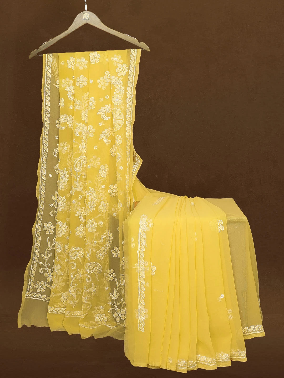 Ada Hand Embroidered Yellow Georgette Lucknowi Chikankari Saree With Blouse 01A489537