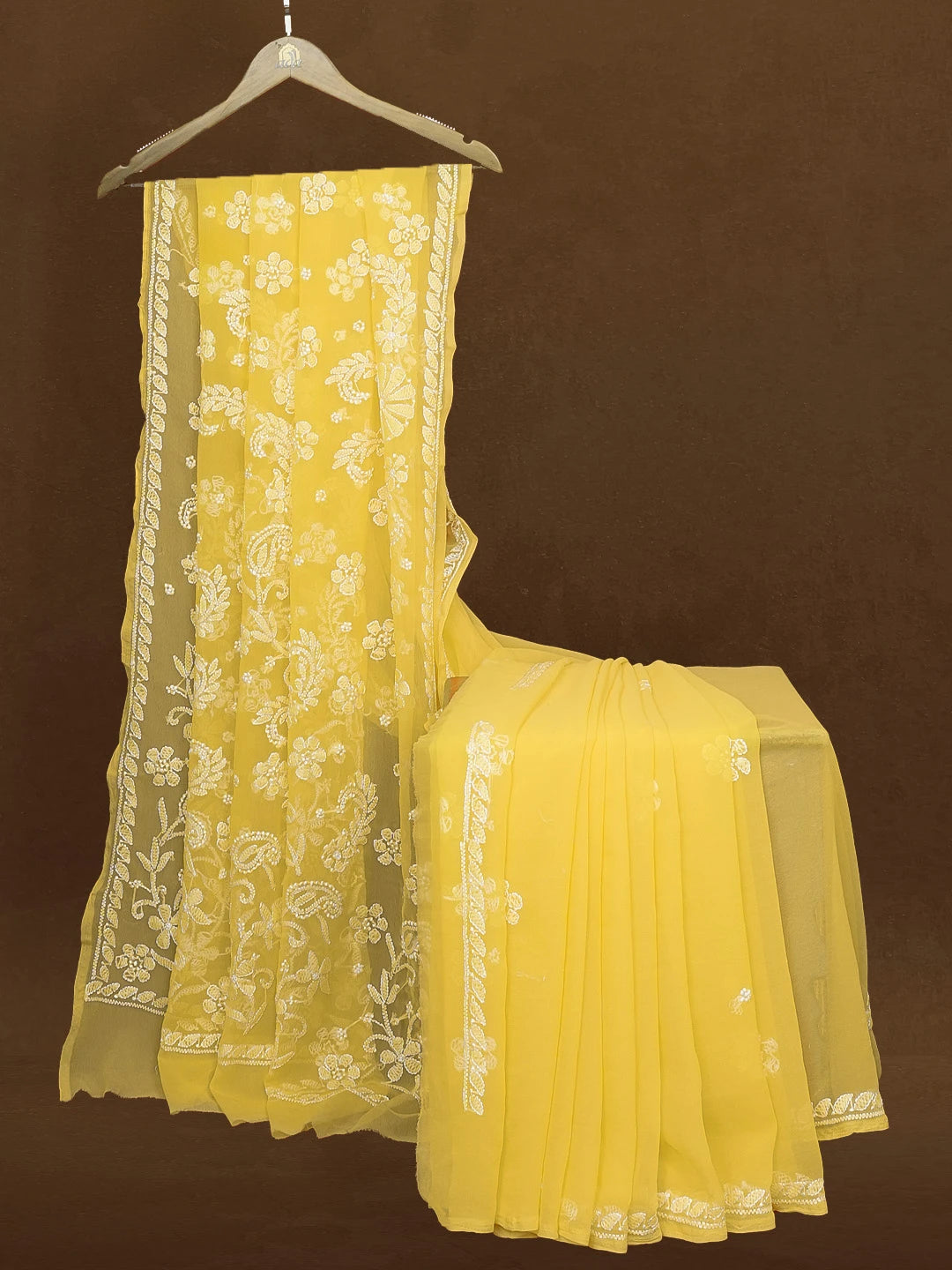 Ada Hand Embroidered Yellow Georgette Lucknowi Chikankari Saree With Blouse 01A489537