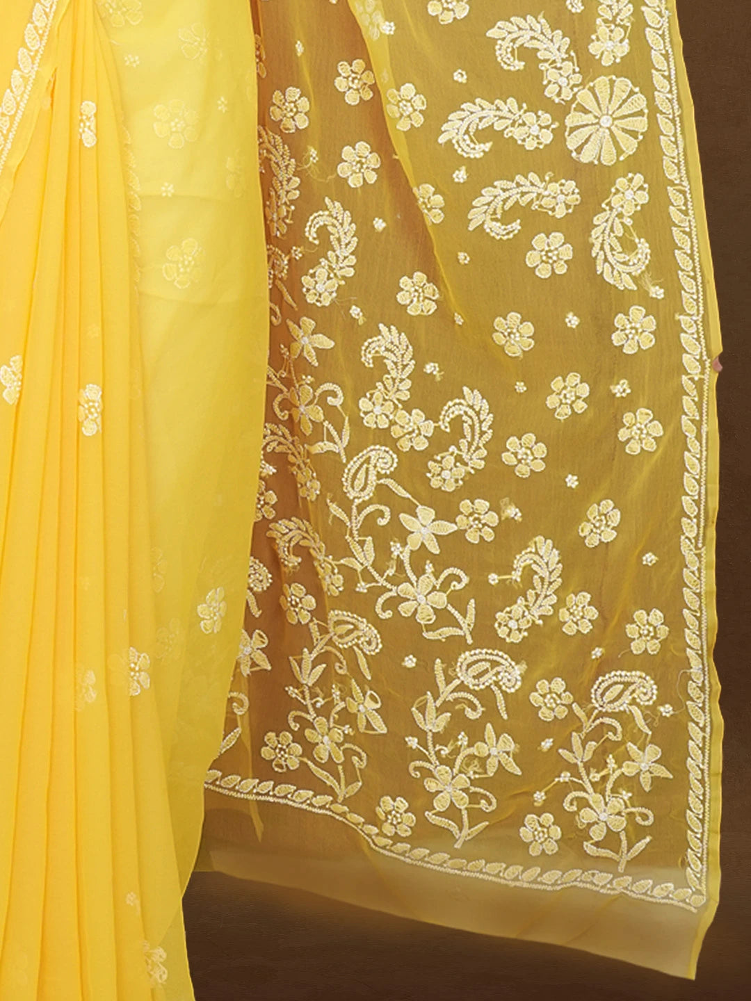 Ada Hand Embroidered Yellow Georgette Lucknowi Chikankari Saree With Blouse 01A489537