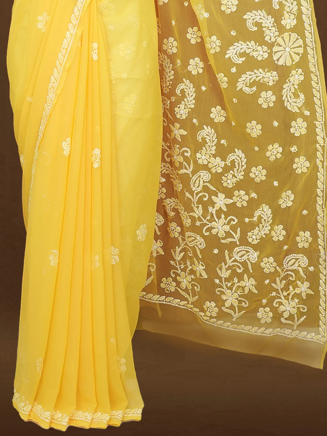 Ada Hand Embroidered Yellow Georgette Lucknowi Chikankari Saree With Blouse 01A489537