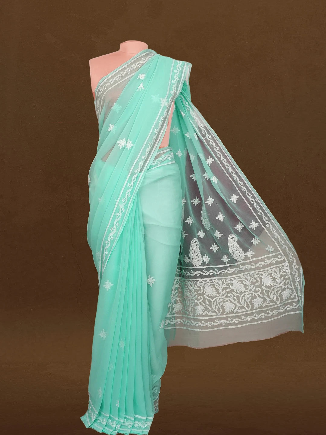 Ada Hand Embroidered Turquoise Blue Georgette Lucknowi Chikankari Saree and Blouse 01A576927