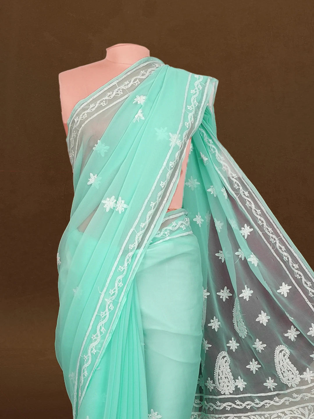 Ada Hand Embroidered Turquoise Blue Georgette Lucknowi Chikankari Saree and Blouse 01A576927