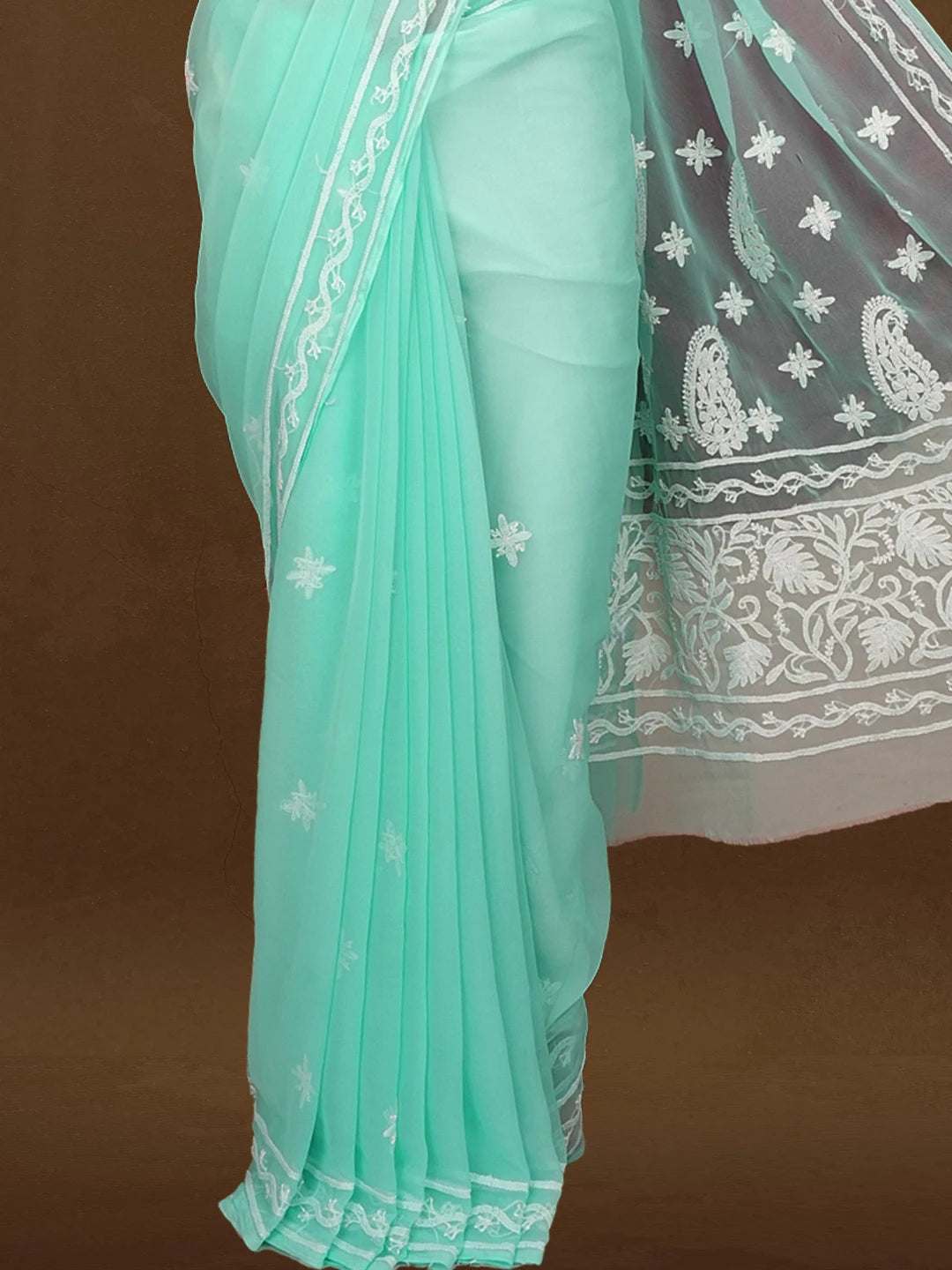 Ada Hand Embroidered Turquoise Blue Georgette Lucknowi Chikankari Saree and Blouse 01A576927
