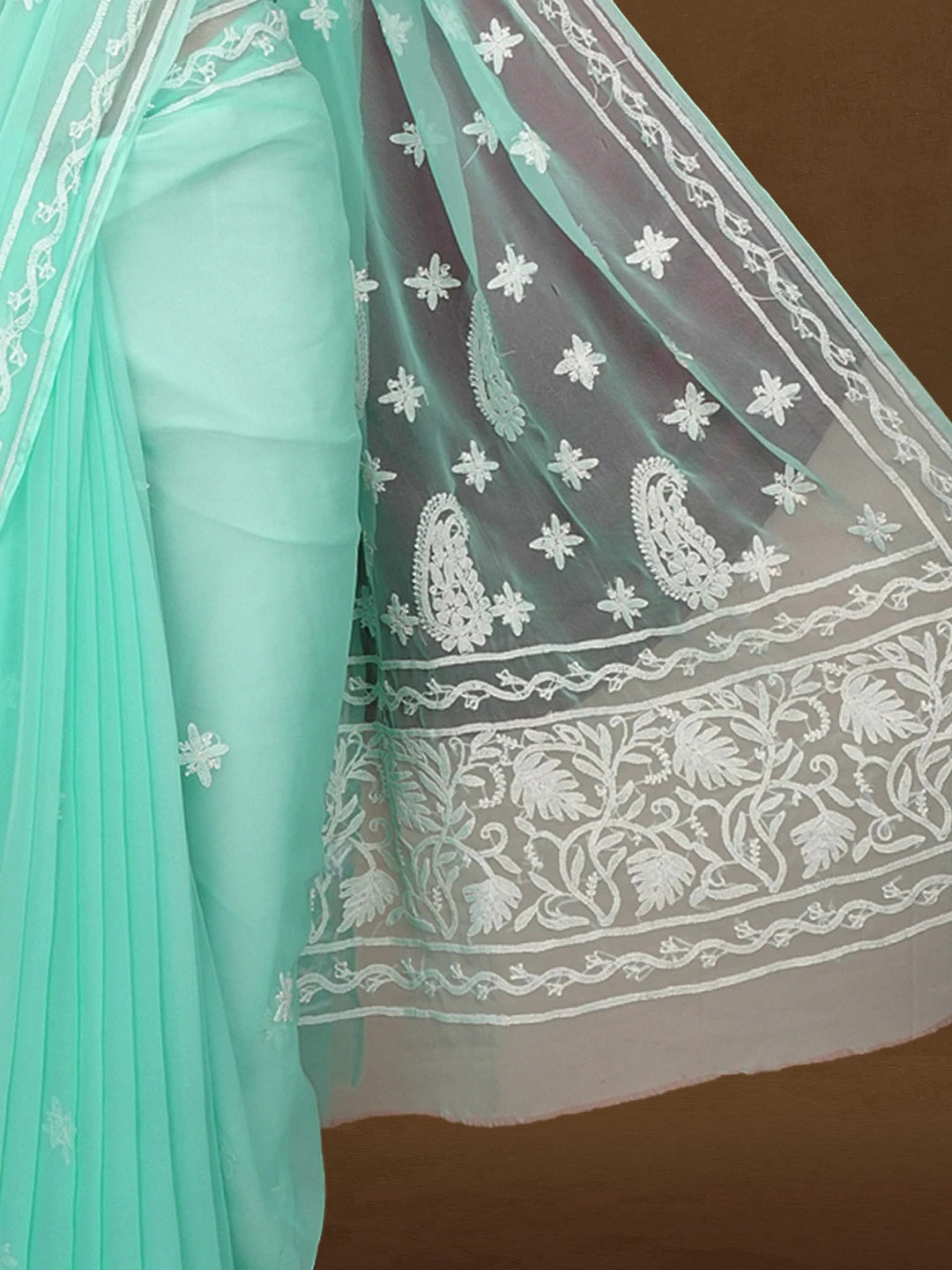 Ada Hand Embroidered Turquoise Blue Georgette Lucknowi Chikankari Saree and Blouse 01A576927