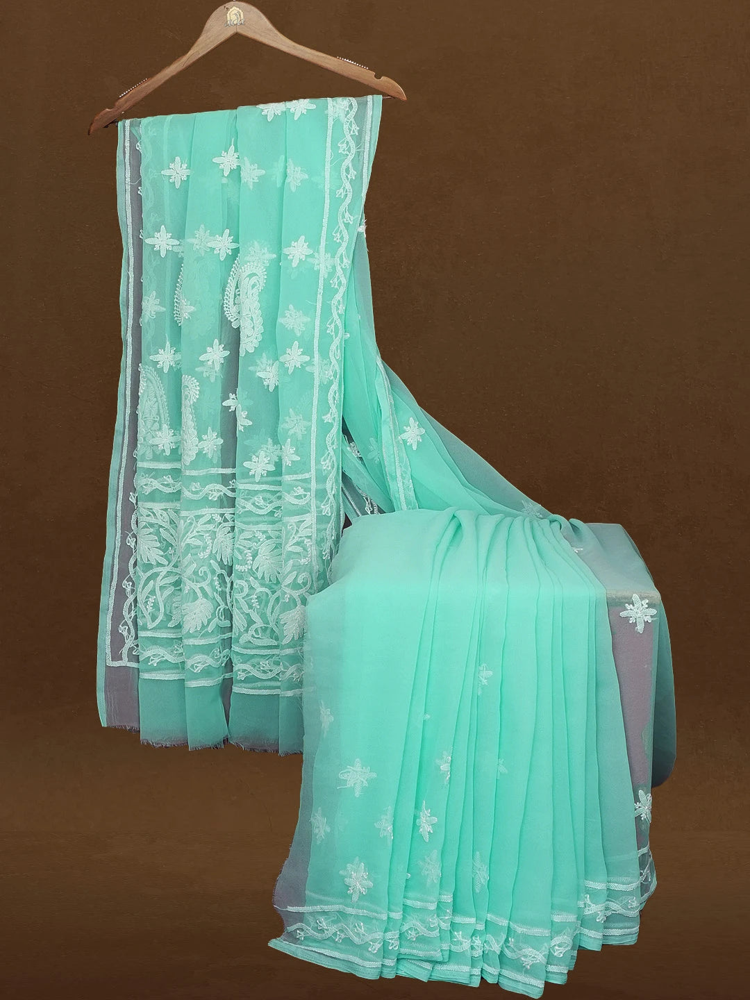 Ada Hand Embroidered Turquoise Blue Georgette Lucknowi Chikankari Saree and Blouse 01A576927
