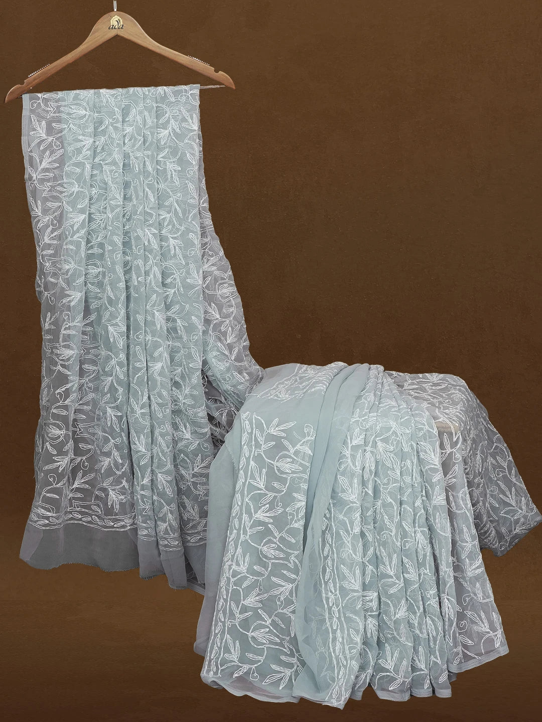 Ada Hand Embroidered Grey Georgette Lucknowi Chikankari Saree and Blouse 01A576602