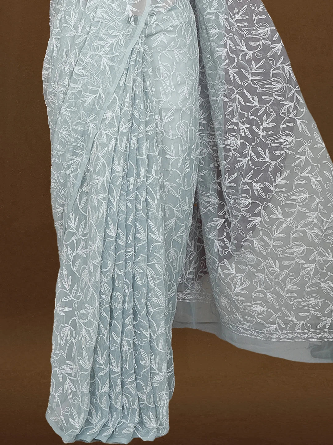 Ada Hand Embroidered Grey Georgette Lucknowi Chikankari Saree and Blouse 01A576602