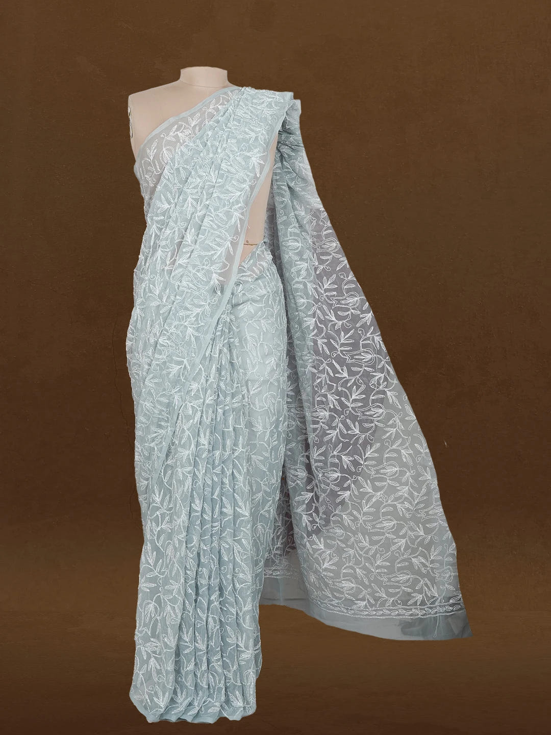 Ada Hand Embroidered Grey Georgette Lucknowi Chikankari Saree and Blouse 01A576602