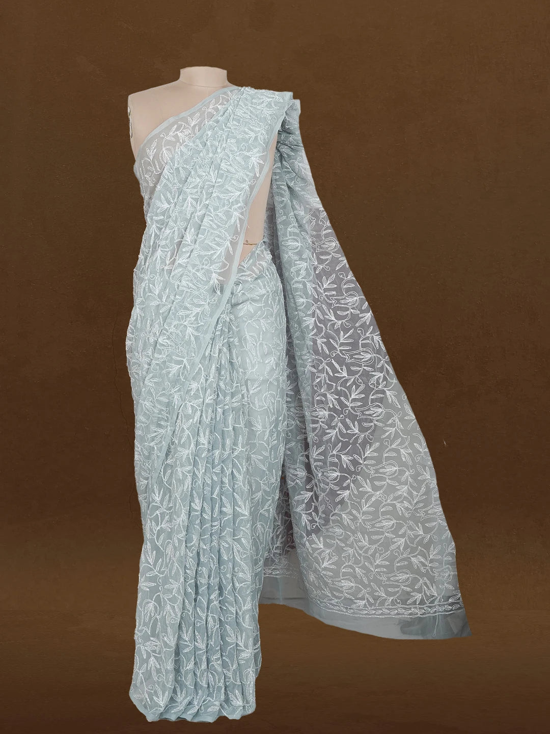 Ada Hand Embroidered Grey Georgette Lucknowi Chikankari Saree and Blouse 01A576602