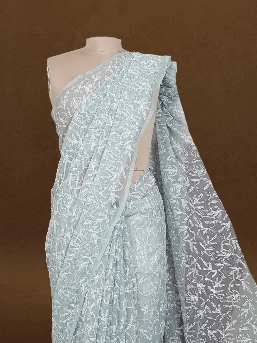 Ada Hand Embroidered Grey Georgette Lucknowi Chikankari Saree and Blouse 01A576602