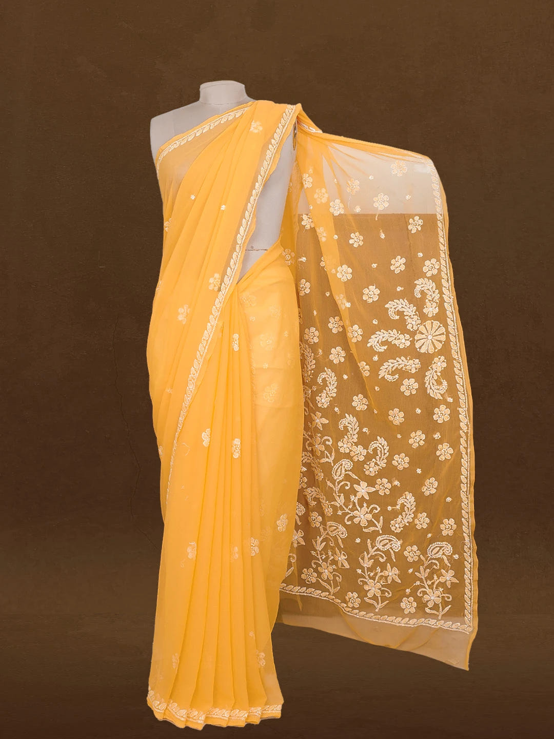 Ada Hand Embroidered Princeton Orange Georgette Lucknowi Chikankari Saree With Blouse 01A528126