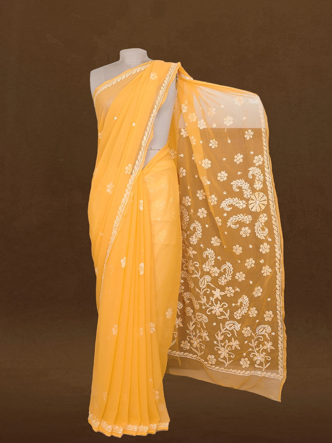 Ada Hand Embroidered Princeton Orange Georgette Lucknowi Chikankari Saree With Blouse 01A528126