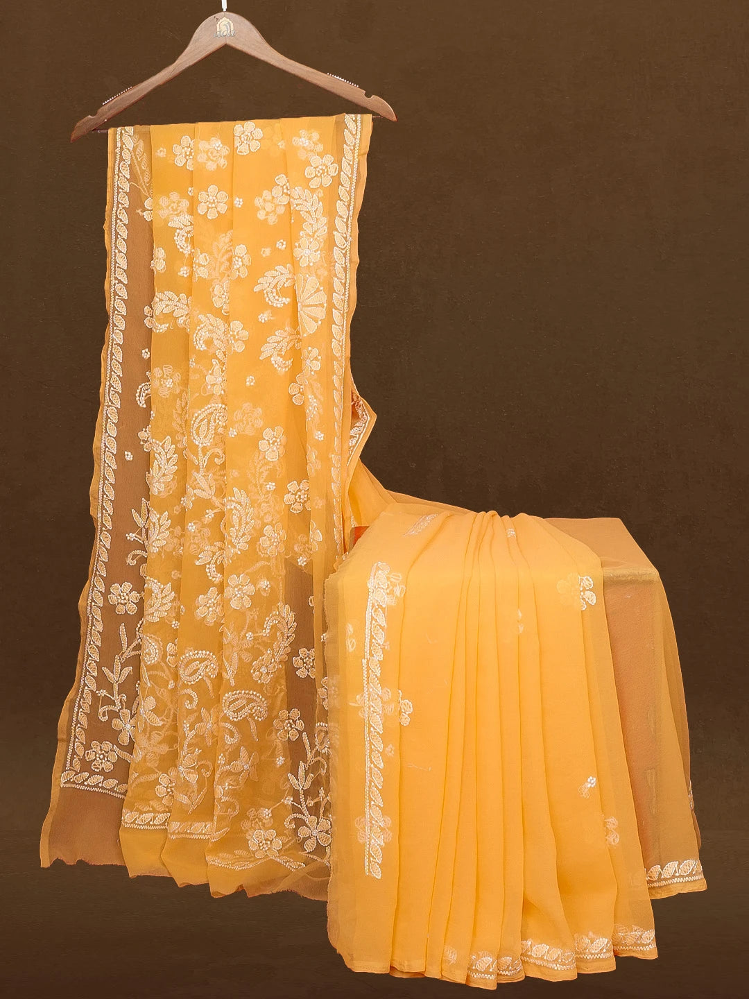 Ada Hand Embroidered Princeton Orange Georgette Lucknowi Chikankari Saree With Blouse 01A528126