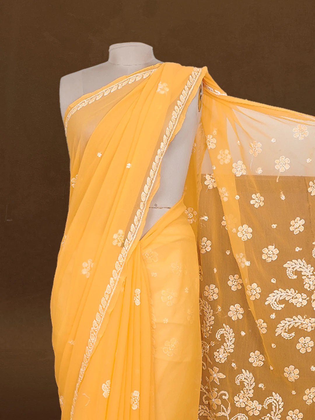 Ada Hand Embroidered Princeton Orange Georgette Lucknowi Chikankari Saree With Blouse 01A528126