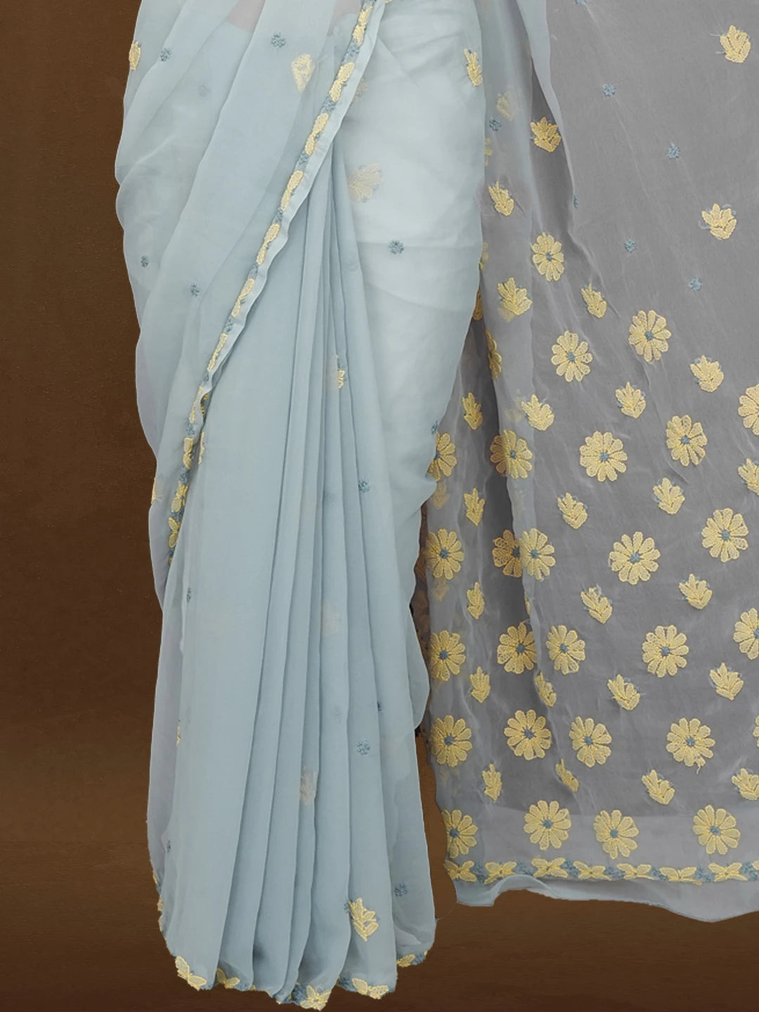Ada Hand Embroidered Grey Faux Georgette Lucknowi Chikankari Saree and Blouse 01A599472