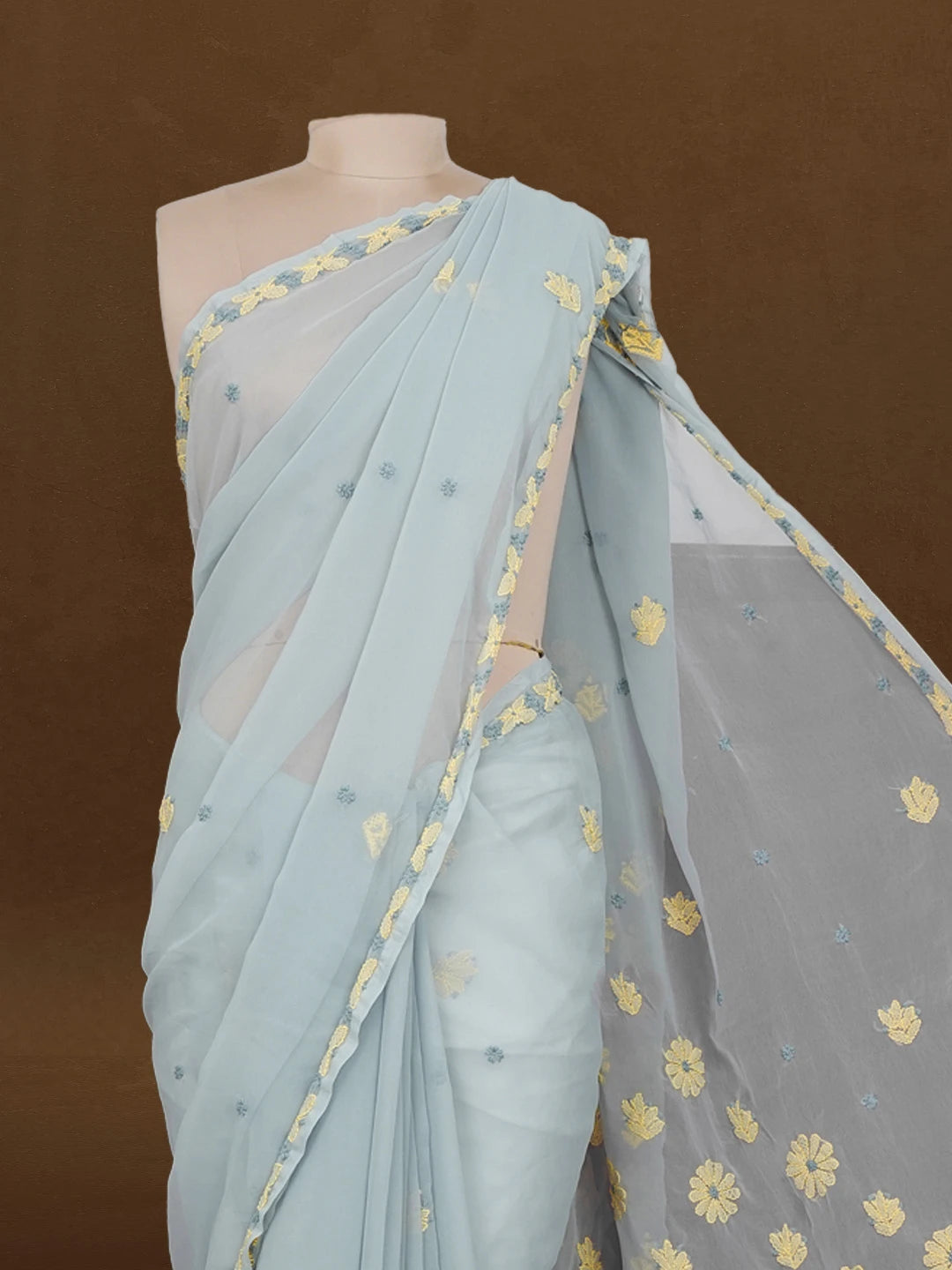 Ada Hand Embroidered Grey Faux Georgette Lucknowi Chikankari Saree and Blouse 01A599472