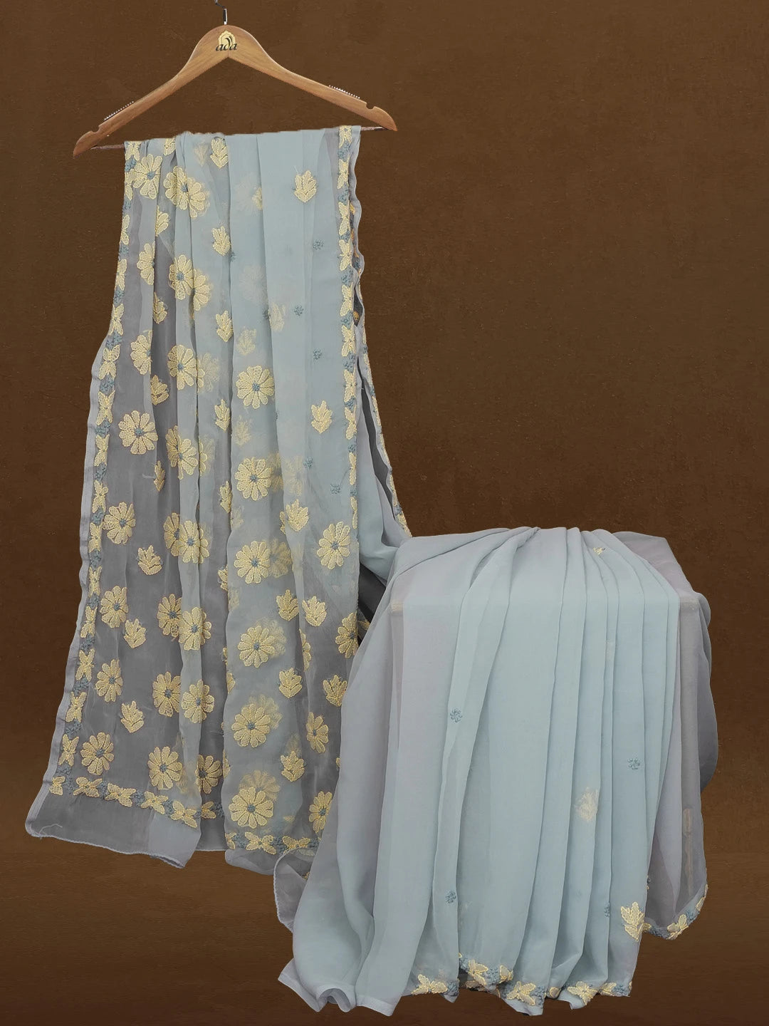 Ada Hand Embroidered Grey Faux Georgette Lucknowi Chikankari Saree and Blouse 01A599472