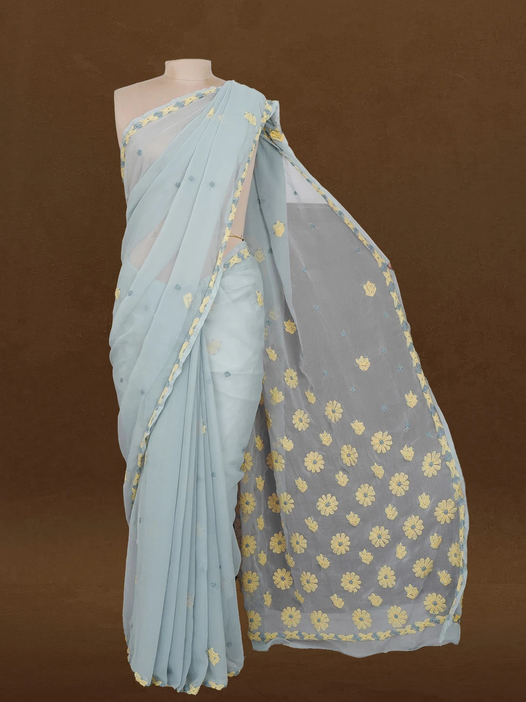 Ada Hand Embroidered Grey Faux Georgette Lucknowi Chikankari Saree and Blouse 01A599472