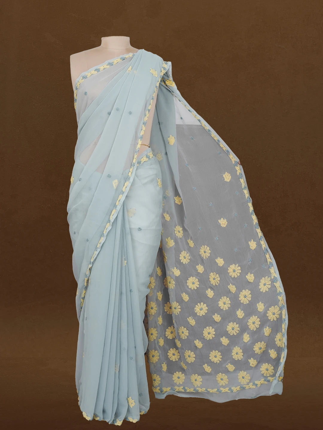 Ada Hand Embroidered Grey Faux Georgette Lucknowi Chikankari Saree and Blouse 01A599472